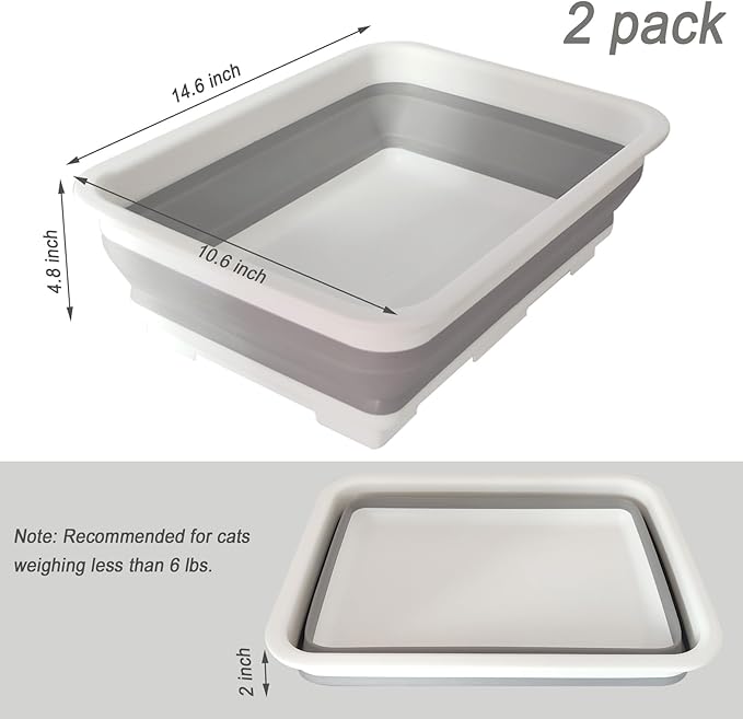 2 Pack Collapsible Small Cat Litter Box, Open Kitten Litter Potty Pan Low Entry Pet Kitty Toilet Foldable Waterproof Travel Toilet for Sick Frail Kitty 14.6 x 10.6 x 4.8 inches Grey