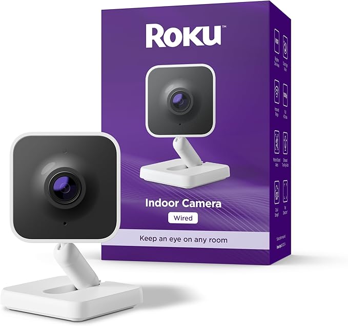 Roku Indoor Camera - Home Security - 1-Pack - Wired Security Camera & Pet Monitor with 1080p HD Color Night Vision, Works with Alexa & Google, Motion & Sound Detection, WDR & WiFi 6