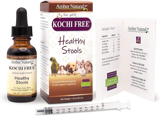 Amber NaturalZ Kochi Free Herbal Supplement for Dogs, Cats, Birds, Guinea Pigs, and Rabbits | Pet Herbal Supplement for Healthy Stool Support | 1 Fluid Ounce Glass Bottle | Manufactured in The USA