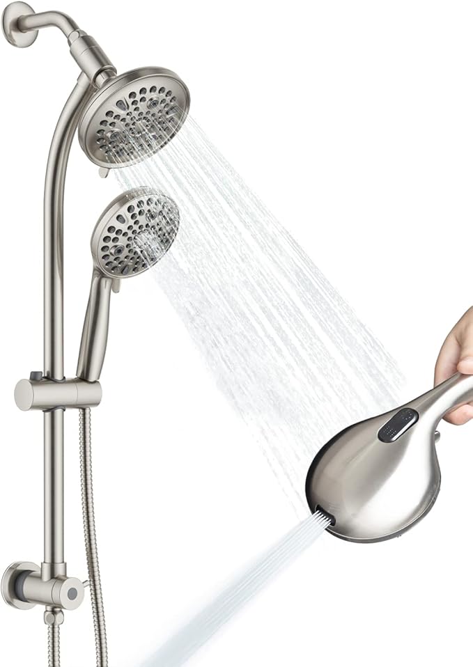 High Pressure Handheld/Rain 82-mode 3-way Shower Head Combo with 25.75" Adjustable Drill-free Stainless Steel Slide Bar, Pet & Tub Power Wash and Anti-clog Nozzles, with 5ft Hose - Brush Nickel