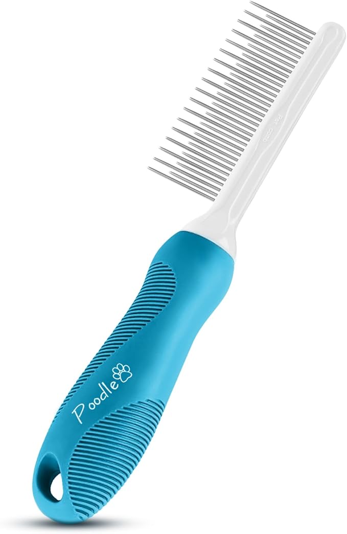 Poodle Grooming Comb - Metal Dematting Comb with Long & Short Stainless Steel Teeth for Removing Matted Hair & Knots, Safe and Gentle for Dogs & Cats