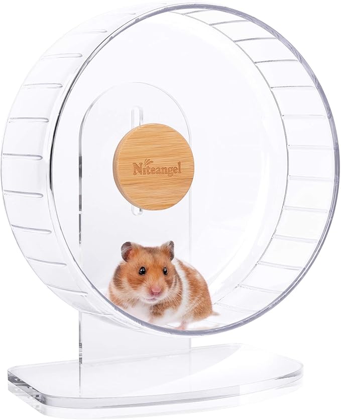 Niteangel Super-Silent Hamster Exercise Wheels - Quiet Spinner Hamster Running Wheels with Adjustable Stand for Hamsters Gerbils Mice Or Other Small Animals (M, Transparent)