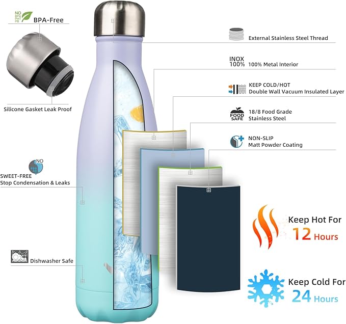 Insulated Water Bottles,17 oz Double Wall Stainless Steel Vacumm Metal Flask for Sports Travel,Lavender Green