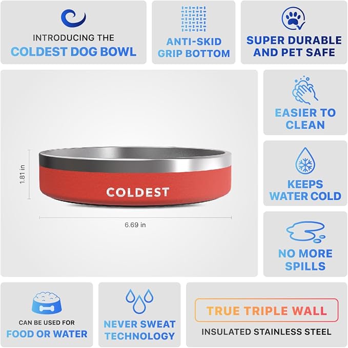 Coldest Dog Bowl - Anti Rust Metal, Non Slip, 3 Layers Insulated Stainless Steel Dog Bowls - Spill Proof & Heavy Duty - Water Bowl for Dogs, Cats & Pets, Dish Washer Safe (21 oz, Red)