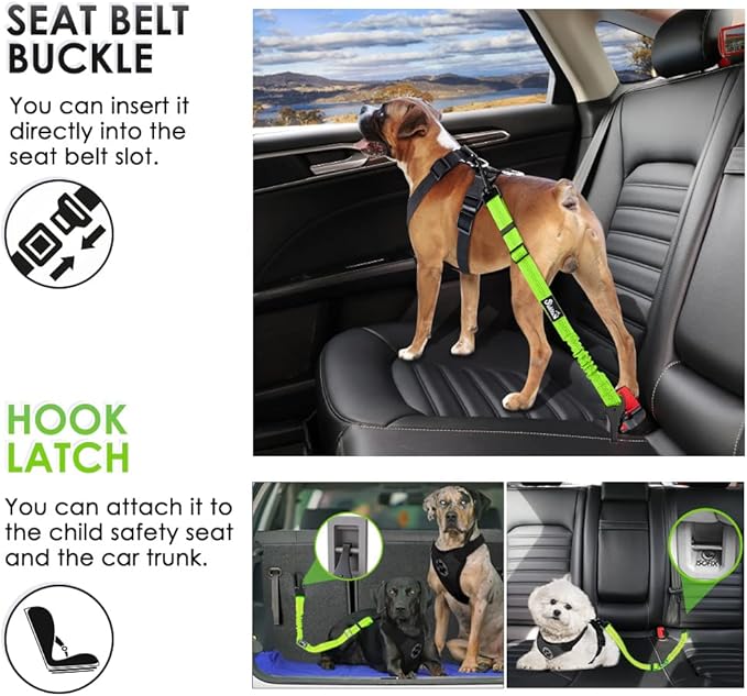 SlowTon Dog Seat Belt, Adjustable Dog Safety Belt Leash, 2 in 1 Latch Bar Attachment Dogs Car Seatbelt with Elastic Nylon Bungee Buffer, Reflective Nylon Belt Tether(VL,35.5in)