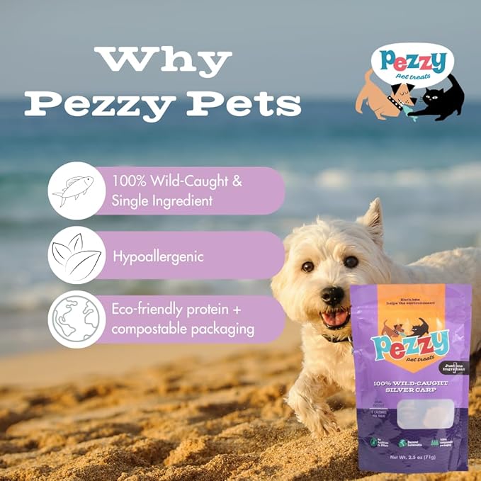 Silver Carp Chips Dog & Cat Treats | Single Ingredient | Wild Caught | Made w/Invasive Fish | Grain Free | High Protein + Low Fat | Hypoallergenic | Compostable Packaging | Made in The USA