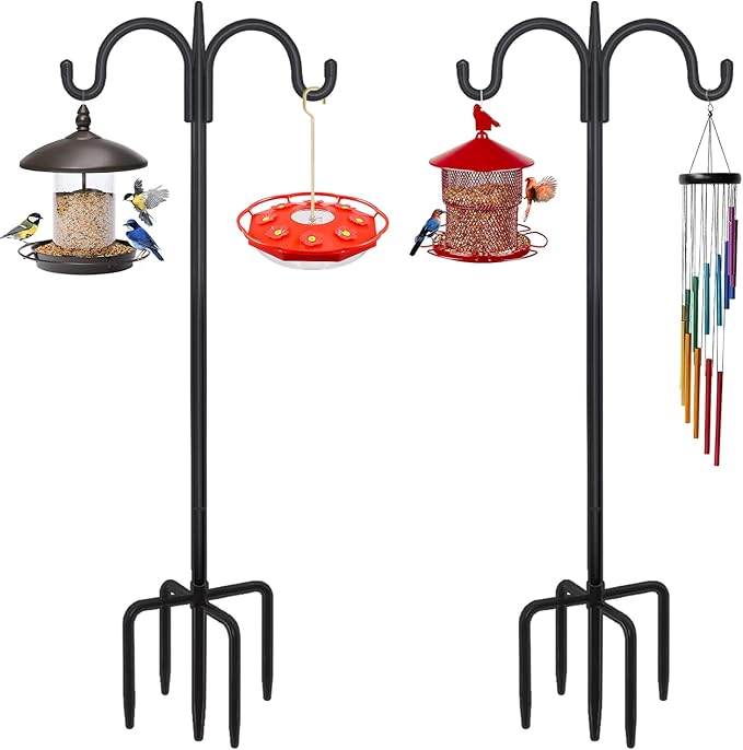 FEED GARDEN Adjustable Double Shepherds Hook for Outdoor with 5 Prong Base 108 Inch Heavy Duty Two Sided Bird Feeder Pole for Hanging Plant Baskets, Solar Light Lanterns, Wind Chimes 2 Pack
