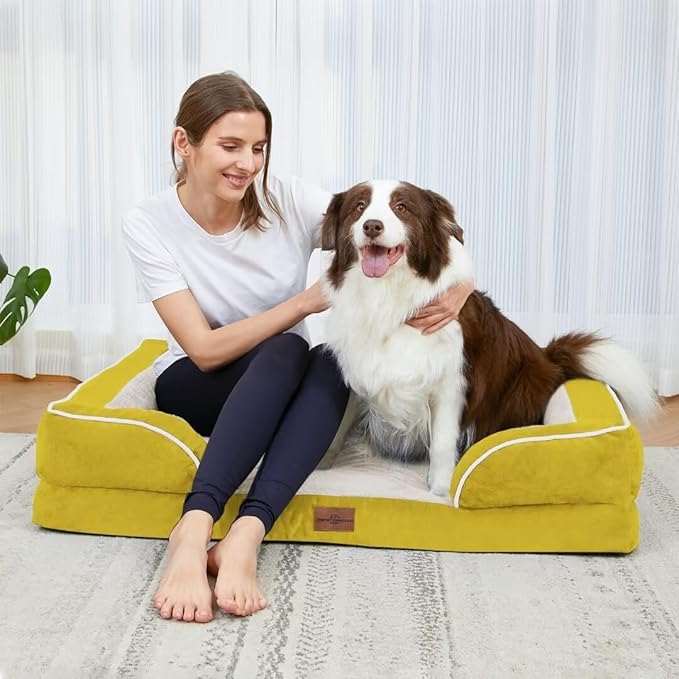 Comfort Expression Orthopedic XL Dog Beds, Waterproof Extra Large Dog Bed with Bolster, Washable Dogs Bed Sofa with Removable Cover & Non-Slip Bottom(X-Large,Spicy Mustard)