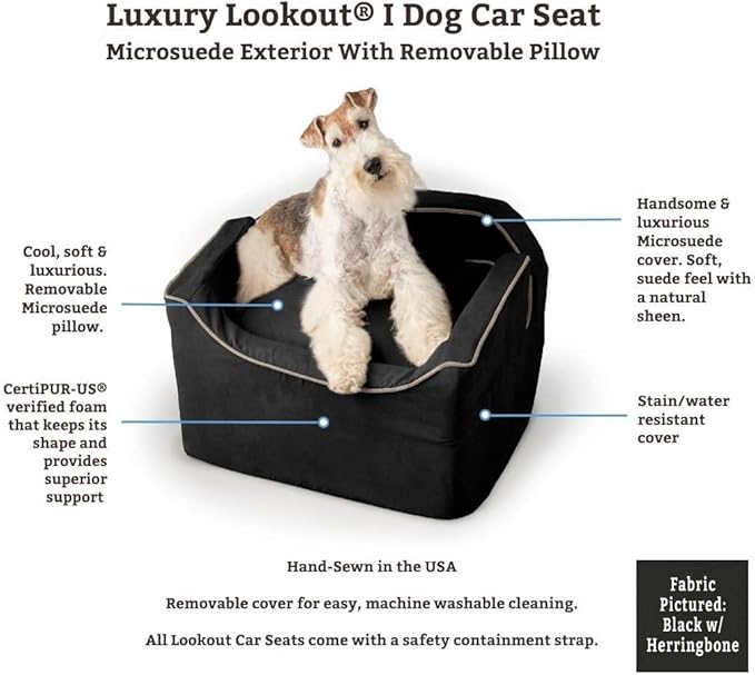 Snoozer Dog Car Seat: Lookout I Dog Booster Car Seat for Dogs Small 5-15 lbs, Pet Car Seat to Alleviate Car Sickness for Dogs, Included Harness Strap, Buckskin Removable Machine Washable Cover
