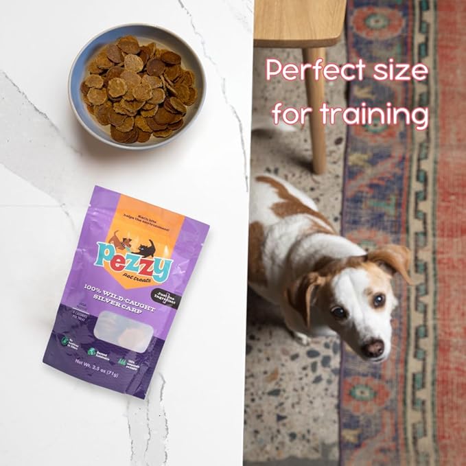 Silver Carp Chips Dog & Cat Treats | Single Ingredient | Wild Caught | Made w/Invasive Fish | Grain Free | High Protein + Low Fat | Hypoallergenic | Compostable Packaging | Made in The USA