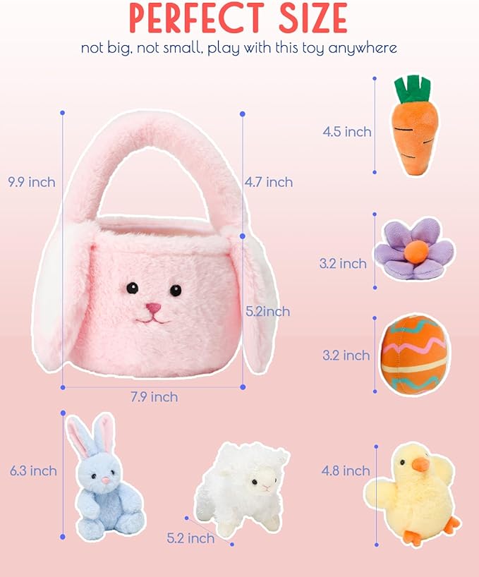 7 Piece Plush Stuffed Animals Playset Toys with Rabbit, Chick, Lamb, Carrot, Egg, Flower, Furry Bag, Soft Basket Set Toys for Girls Kids Ages 3+, Birthday Christmas Valentines Easter Party Favors
