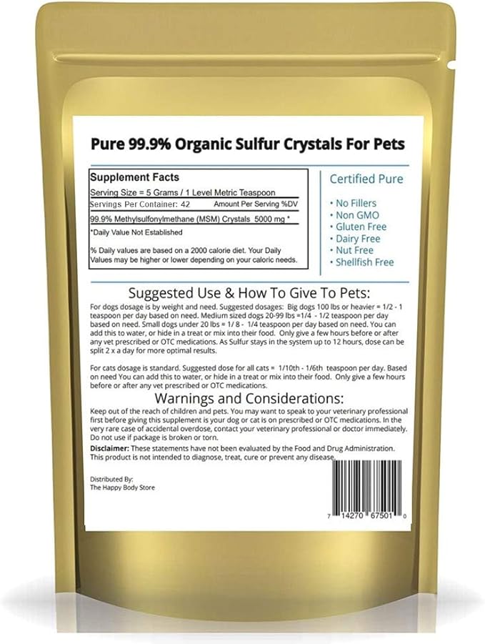 HAPPY BODY Pure MSM Joint Supplement for Dogs, Cats, & Horses – 100% Additive-Free – High Performance, Supports Senior Pets Wellness, Healthy Joints, Mobility, Aches, & Fatigue 7oz - 3 Packs