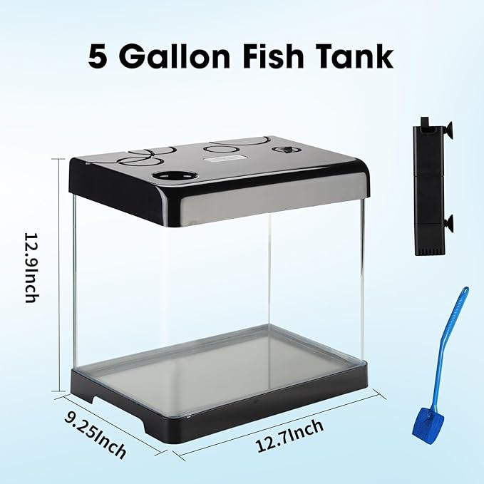 Betta Fish Tank Starter Kits, 5 Gallon Fish Tank with Heater Filter and Light, Self-Cleaning Small Fish Tank(Black).