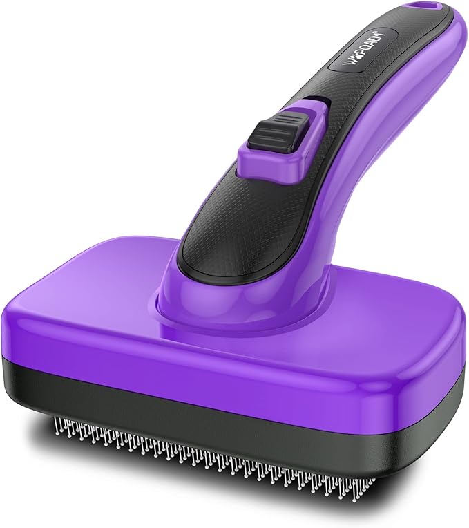 Dogs Cats Self Cleaning Slicker Brush for Shedding & Grooming Any Breed of Pets, Removes Loose, Undercoat, Mats, Tangled Hair for Small Medium Large Animal With Long Short Fur Length, Purple