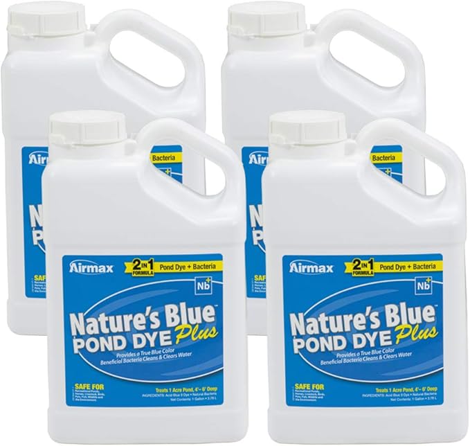 Airmax Pond Dye Plus, Nature's Blue Colorant & Natural Beneficial Bacteria, Large Pond & Lake Water Clarifier & Color Treatment, Shade Plants & Algae from Sunlight, Fish & Livestock Safe, 4 Gallons