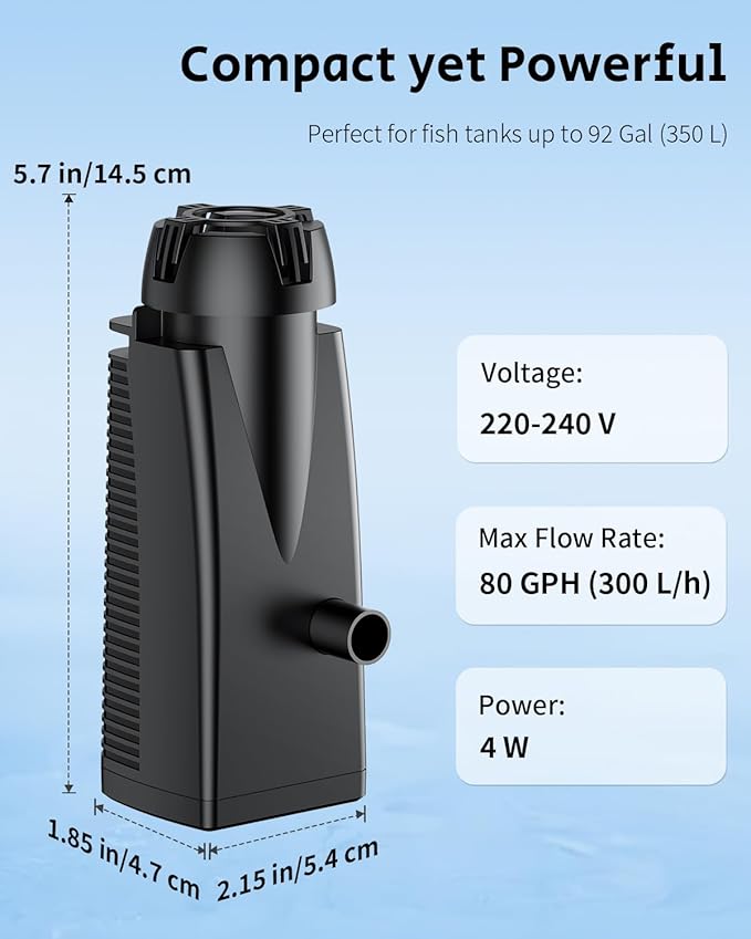 Pawfly 80 GPH 4 W Aquarium Surface Skimmer for Fish Tanks up to 92 Gallons, Aquarium Oil Film Processor, Fish Tank Filter with Bio Sponge & Suction Cups, Fish Tank Oil Skimmer, Oil Film Remover