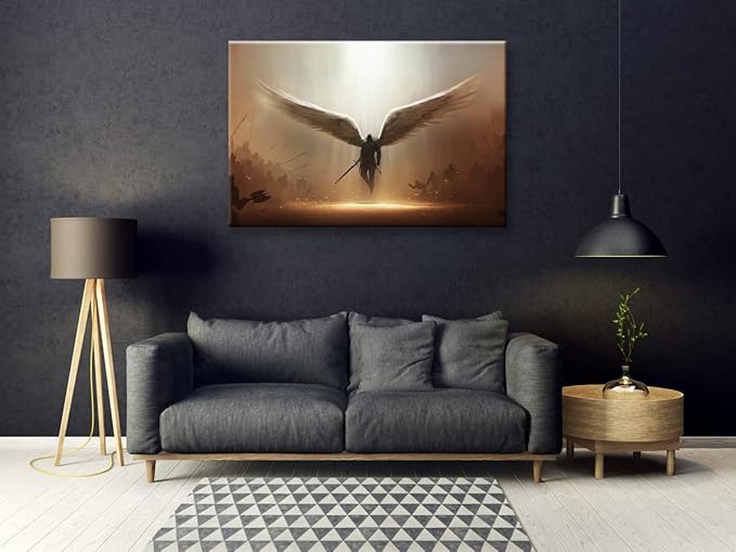 Fantasy Angel Stretched Canvas Wall Art for Living Room Bedroom Home Decoration,Abstract Anime Picture Print Painting Decor Artwork,Mysterious Wing Man Gallery Wrapped Gift,Inner Frame (32x48 Inches)
