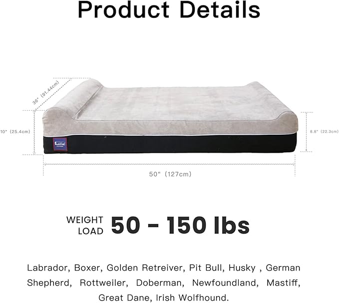 Laifug Orthopedic Memory Foam Extra Large Dog Bed Pillow(50"x36"x10", Slate Grey) Durable Water Proof Liner & Removable Washable Cover & Smart Design