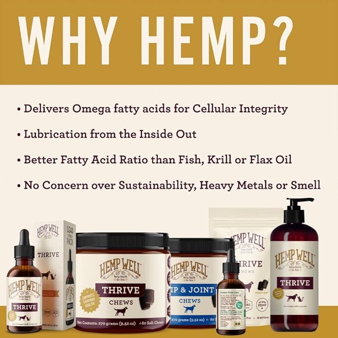 Hemp Well Thrive Oil for Dogs and Cats – Supports Hip, Joint, and Heart Health, Promotes Immune System, and Promotes Healthy Skin from Seasonal Allergies, Organically Sourced - 8 Ounces