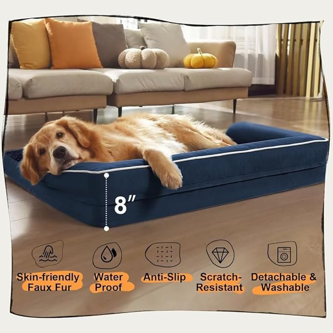Extra Large Dog Bed-Orthopedic Waterproof XL Dog Bed for XLarge Extra Big Dogs - Foam Couch Sofa Washable with Removable Cover-Navy Blue