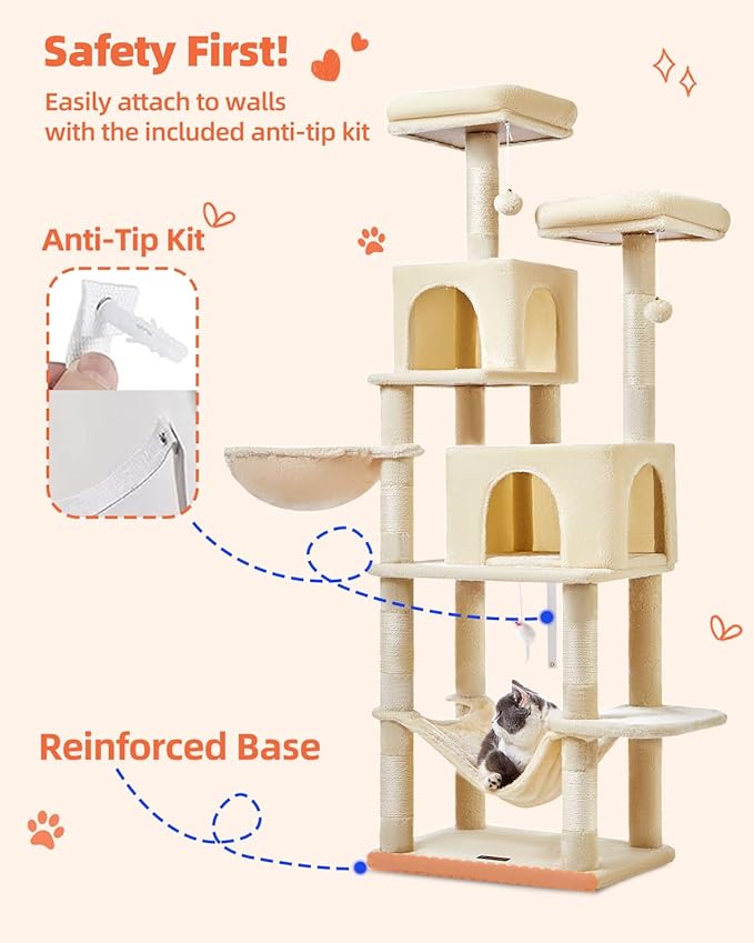 Taoqimiao Cat Tree, 66.2-Inch Cat Tower for Indoor Cats, Plush Multi-Level Cat Condo with 7 Scratching Posts, 2 Perches, 2 Caves, Hammock, 2 Pompoms, Beige MS013M