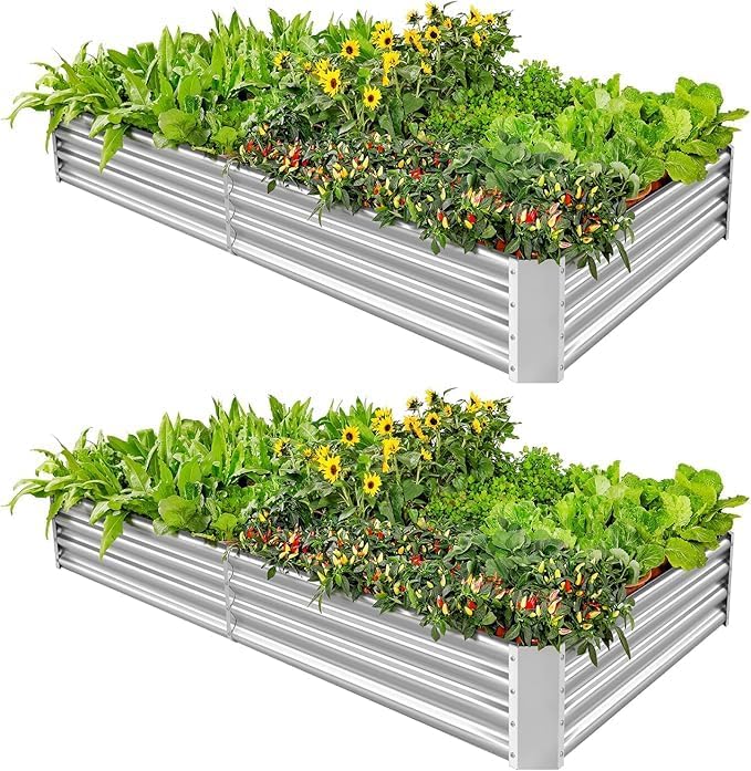 Land Guard 2 Pack 8×4×1ft Galvanized Metal Raised Garden Bed, Metal Planter Kit Box Outdoor for Deep-Rooted Vegetables, Flowers, Green and Herbs…