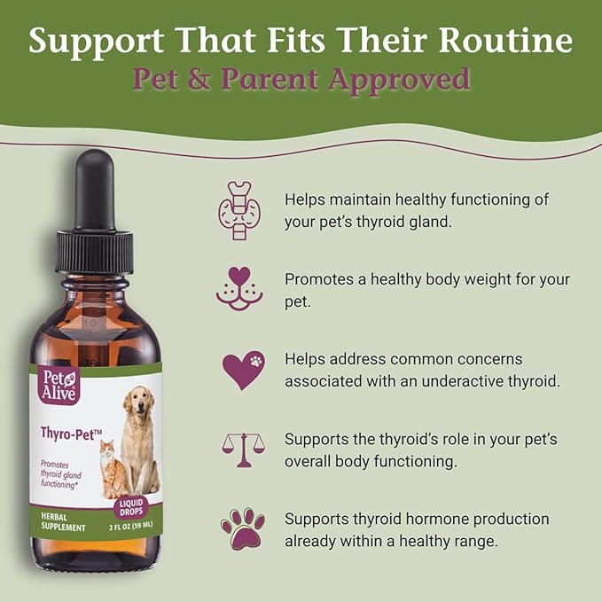 PetAlive Thyro-Pet – Herbal Thyroid Support Supplement for Dogs & Cats - Liquid Formula with Bladderwrack, Nettle, and Astragalus - Plant-Based Daily Drops for Healthy Thyroid Function – 2 oz Tincture