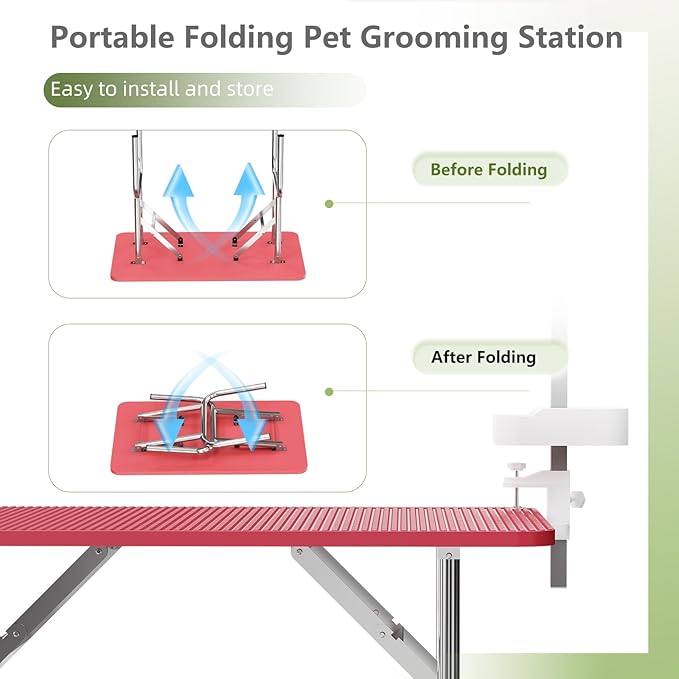 VFK 36''/47''Large Dog Grooming Table, Foldable Pet Station at Home, Dog Grooming Table,Adjustable Cat Drying Desktop with Arms, Nooses, Mesh Tray (Stainless Steel pet Table, 36" Pink)