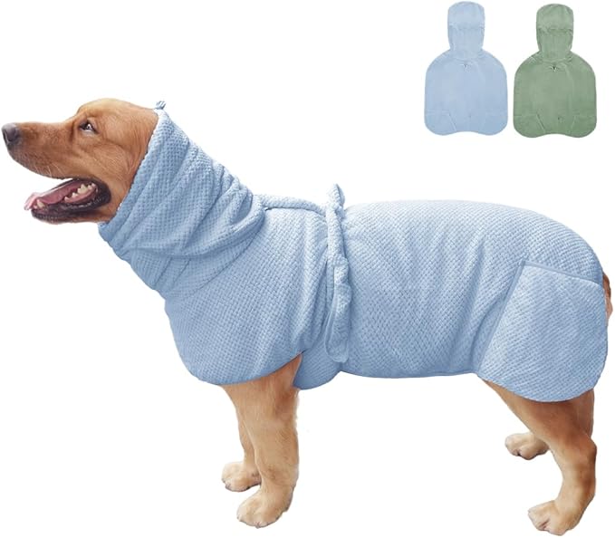 Medium to Large Size Dog Bathrobe, Quick Drying Super Absorbent Used for After Bathing, Warm Dog Towels, Adjustable Hoodies and Belts for Pet Dogs Bath Clothes Products (Blue Jacquard, 4XL)
