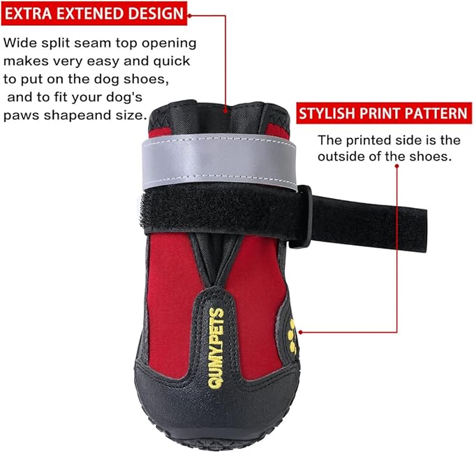 QUMY Dog Shoes for Large Dogs, Medium Dog Boots & Paw Protectors for Winter Snowy Day, Summer Hot Pavement, Waterproof in Rainy Weather, Outdoor Walking, Indoor Hardfloors Anti Slip Sole Red Size 4