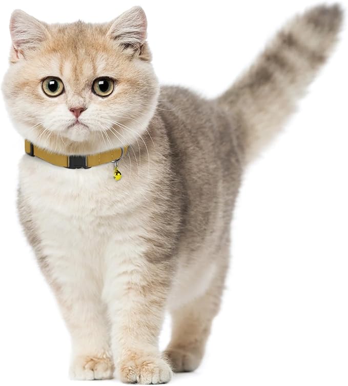Breakaway Cat Collar Leather with Removable Bell - 13 Colors Available - Soft Adjustable Girl Boy Safety Lightweight Pet Kitten Collars Pink Brown Blue Green Red Orange Black (Mustard)