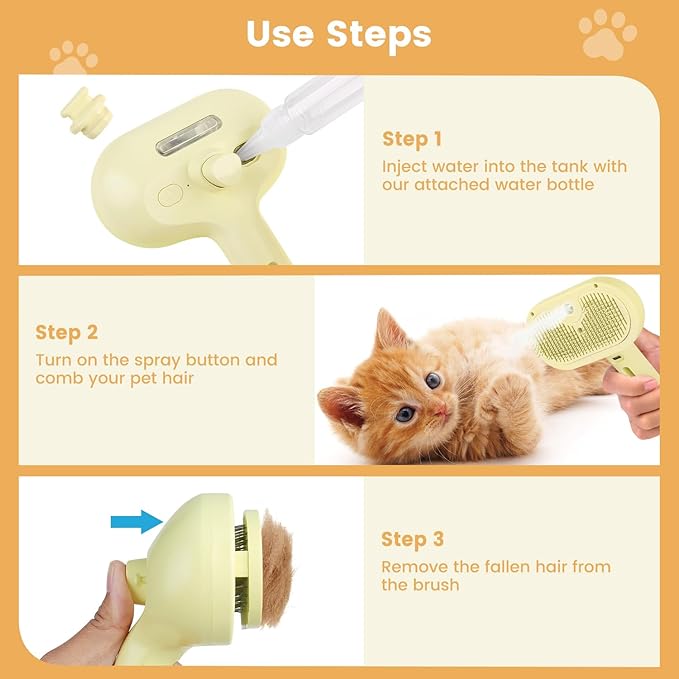 3 in 1 Cat Steam Brush, Pet Spray Hair Removal Comb for Shedding & Grooming, Water Brush for Cats Dogs Small Animals Long Short Haired with One-Click Release Button(Yellow)