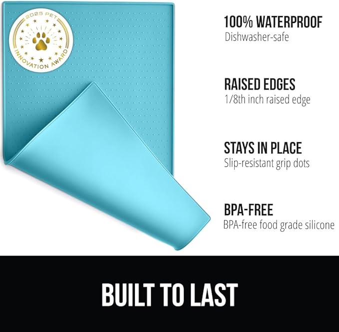 GORILLA GRIP 100% Waterproof Raised Edge BPA Free Silicone Pet Feeding Mat, Dog Cat Food Mats Contain Spills Protects Floors, Placemats for Cats and Dogs Water Bowl, Pets Accessories 23x15 Turquoise
