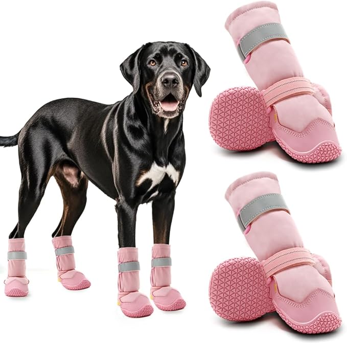 Hcpet Dog Shoes, Dog Boots & Paw Protectors for Winter Snowy Days, Rainy Weather, Outdoor Anti-Slip Sole Dog Booties for Hardwood Floor Pink-Leg 3