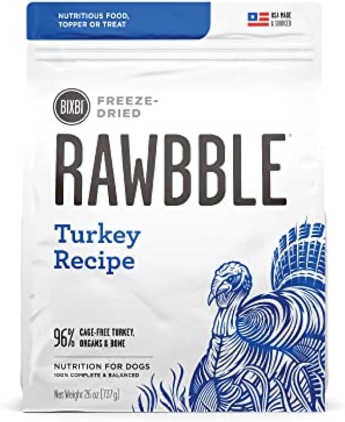 BIXBI Rawbble Freeze Dried Dog Food, Turkey Recipe, 26 oz - 96% Meat and Organs, No Fillers - Pantry-Friendly Raw Dog Food for Meal, Treat or Food Topper - USA Made in Small Batches