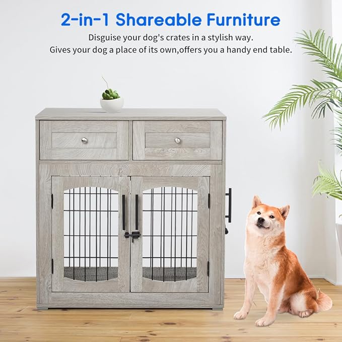 Dog Crate Furniture for Medium Dogs, Wooden Dog Kennel Indoor with Double Doors, Dog Cage with Cushion & Drawers, Dog House Side End Table for Small Medium Dogs up to 45 lb, 31.5” L, Grey