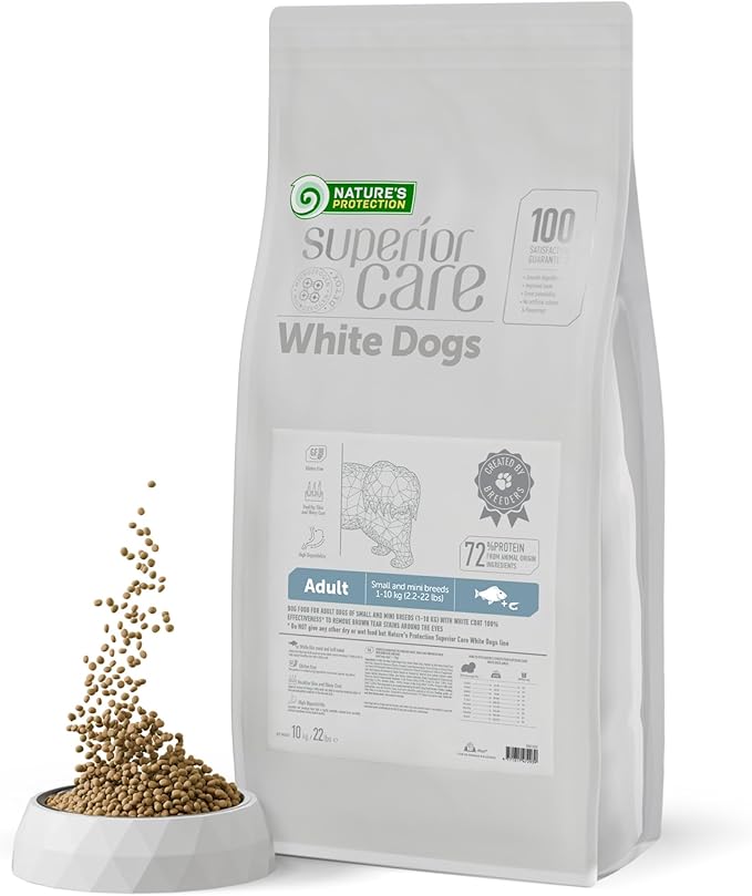 Nature's Protection Superior Care White Dogs Grain-Free Dry Dog Food - High Protein, Tear Stain Dog Food for Small & Mini Breeds Light Coated Adult Dogs, Fresh Pet Meal, White Fish, 22 lb