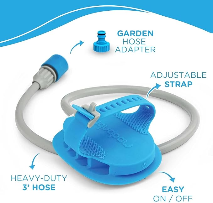 Aquapaw 5-in-1 Horse & Dog Bath Brush & Curry Comb - XL Blue Silicone - Includes 3-ft Shower Hose Attachment & Adapter - Adjustable Spray Scrub Massager - Dog Grooming Supplies
