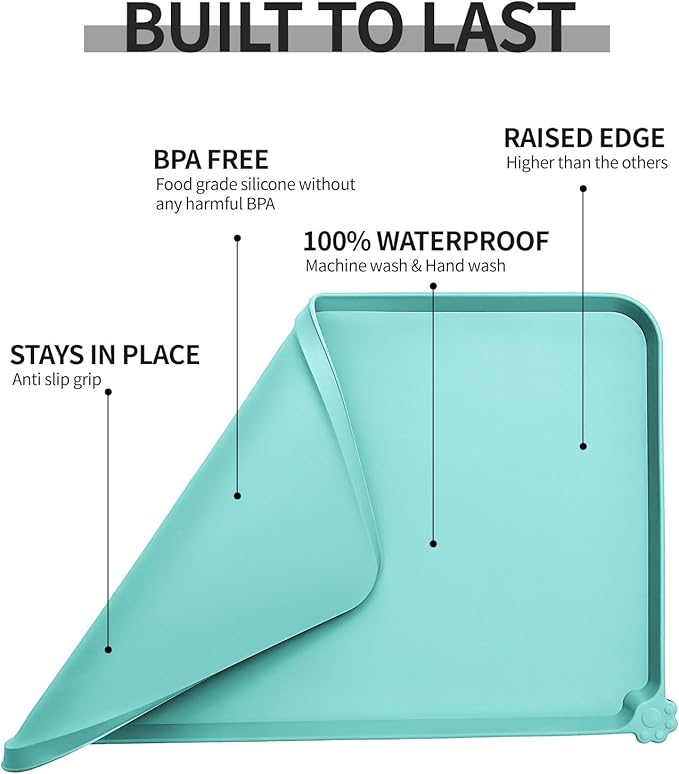Waterproof Pet Feeding Mat with High Raised Edges, Heavier and Thicker Placemats for Cat Dog Water Bowl with BPA Free, Dogs Cats Food Mats for Messy Drinkers to Prevent Spill and Protect Floors