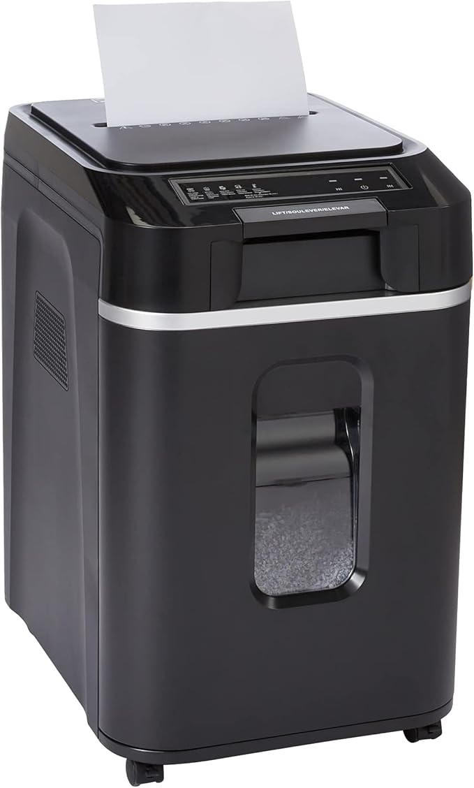 Amazon Basics 200-Sheet Auto Feed Cross Cut Paper Shredder with Pullout Basket, Black
