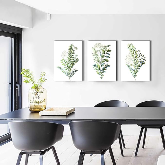 3 Pieces Framed Wall Art for Living Room Bathroom Wall Decorations Kitchen Wall decor Canvas Print decor modern Simple Bedroom Home Decoration Green leaves Poster wall paintings