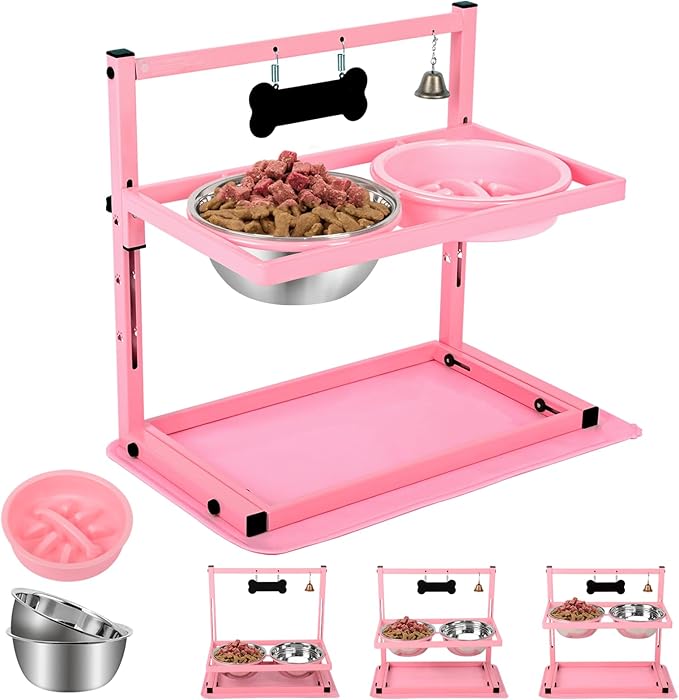 SHAINFUN Pink Elevated Dog Bowl Stand with Two 1700ml Stainless Steel Food Bowls, Slow Feeder and Spill Proof Mat, Adjustable Feeder for Large, Medium and Small Dogs