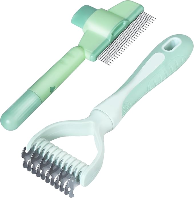 Pet Hair Removal Comb,New Cat Brush with Release Button,Pet Grooming Brush for Short&Long Pet Hair,Deshedding Brush for Pet (Green Set)