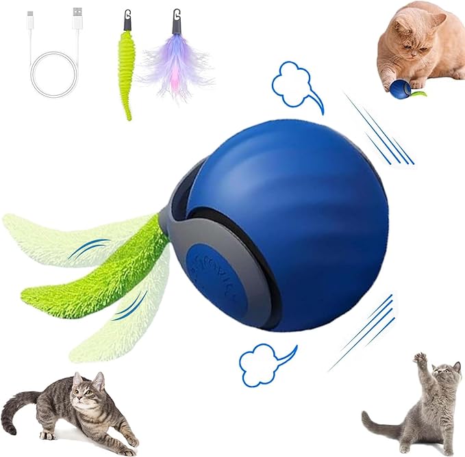 Interactive Cat Toy Ball,Speedy Tail2.0 Cat Toy,Automatic Interactive Cat Toys for Indoor Cats with 2 Tails,2Speeds Rechargeable Cat Enrichment Toys for Small/Medium/Large Cats to Keep Them Busy(Blue)