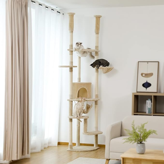 PEQULTI Floor to Ceiling Cat Tree 92.9’’-101.6’’ Height Adjustable Cat Tower Tall Kitty Climbing Play House with Scratching Posts, Cozy Condo, Perches and Large Hammock for Indoor Cats Beige