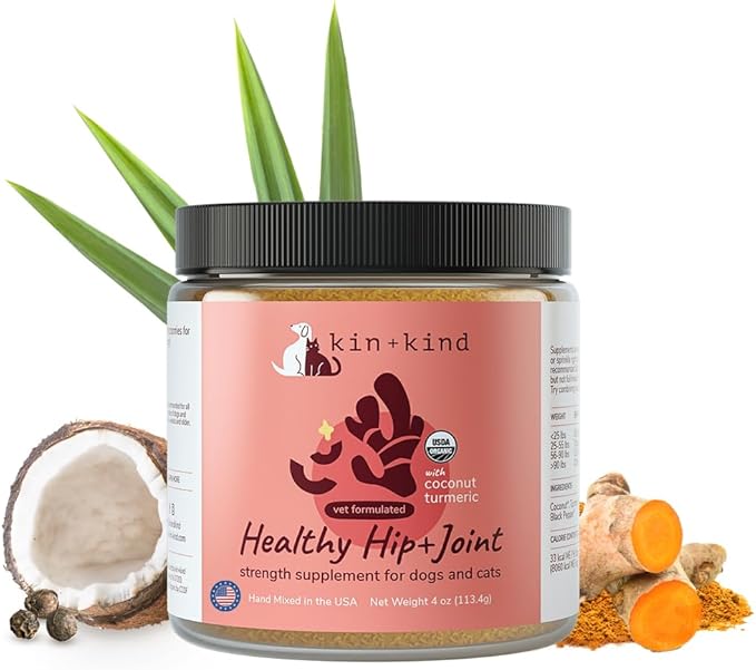kin+kind Hip+Joint Supplement Dogs & Cats - Vet Formulated Natural Formula with Organic Turmeric, Black Pepper and Coconut- Made in USA - 4 oz (Medium)