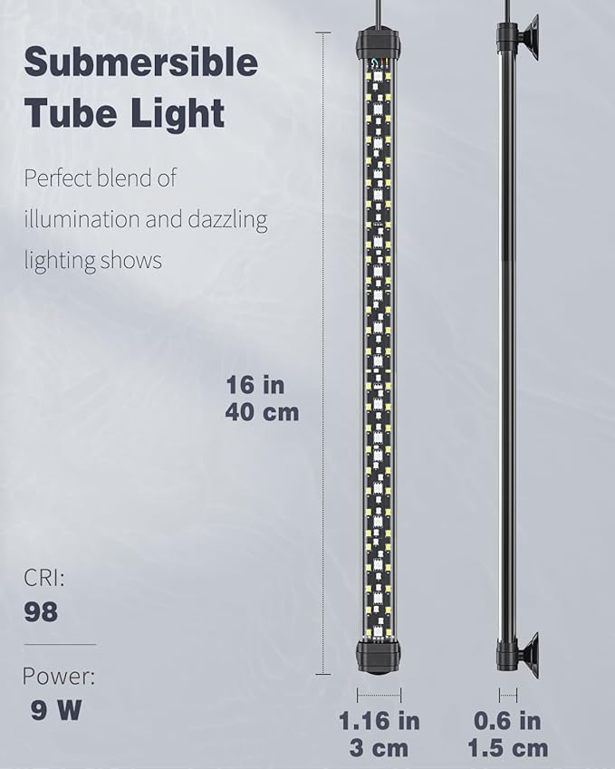 Pawfly 8 W Aquarium LED Light 16 Inch 24/7 Fish Tank Light with Full Spectrum IPX8 Waterproof Light Multi-Colored LEDs with D/N Mode Single Color Effects Timer and Adjustable Brightness
