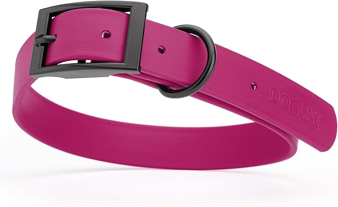 Dogline Biothane Waterproof Dog Collar Strong Coated Nylon Webbing with Black Hardware Odor- Proof for Easy Care Easy to Clean High Performance Fits Small Medium or Large Dogs, Magenta Pink