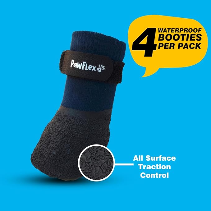 Double Dipped Thick Textured Waterproof Cotton Dog Socks | PawFlex Comfy Pawz Soft Indoor/Outdoor Pet Booties | Non-Slip Silicone Grip at Inner Wrist for No Twisting or Sliding Off| Adjustable Strap