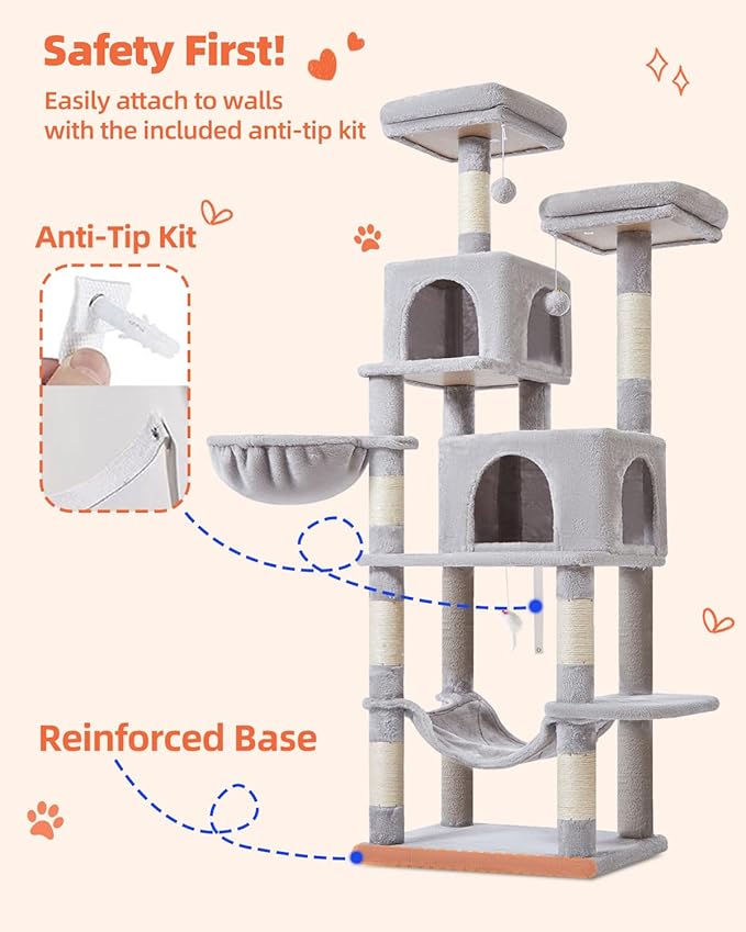 Taoqimiao 66-Inch Cat Tree Cat Tower for Indoor Cats, Plush Multi-Level Cat Condo with 7 Scratching Posts, 2 Perches, 2 Caves, Hammock, 2 Pompoms MS013W Light Gray